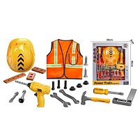 Набір інструментів T 037 A каска, механічний дриль, викрутка, молоток, жилет, інструменти, в коробці