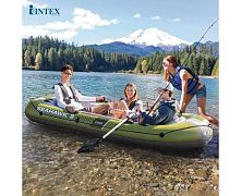 Човен надувний Intex 66333 (43*137*295 см, гребний, триимісний, трикамерний, весла ↔137 см, ручка, ручний насос, 2 спинки, надувне дно, до 360 кг)