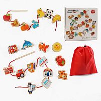 Шнурівка дерев'яна С 74473 4 шнурівки, фігурки, англійська абетка, цифри, мішечок, в коробці