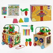 Ігровий центр С 68358 дерев’яний, каталка, годинник, ксилофон, сортер, шестерні, морквяні грядки, черв’ячки, пальчиковий лабіринт, в коробці