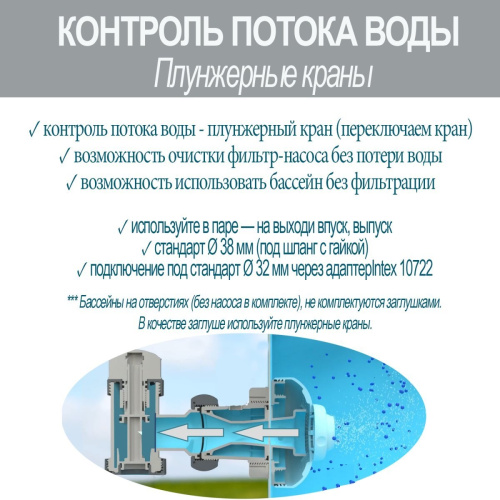 Кран Intex 10747 (плунжерний, для басейну, підходить до каркасних та надувних басейнів, підключення: вхід - гайка Ø58 мм, вихід - хомут Ø38 мм) фото 3