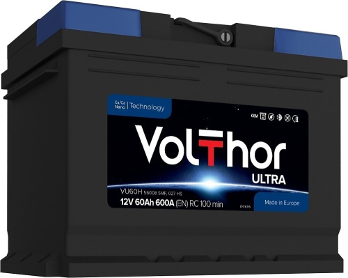 Картинка  Акумулятор автомобільний VolThor VU60H 56008 SMF, 027 HS (Ultra, Ca/Ca, 12V, 60Ah, EN600A, RC 100 min, Euro, 173*190*242 мм, Словенія, 2023 р.) от магазина cd-market