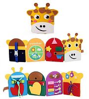 М'яка книжка-бізіборд C 73111 “Жирафа”, фетр, розкладається, пальчикові ігри, рахівничка, аналоговий годинник, регульований ремінець, шнурівка, в