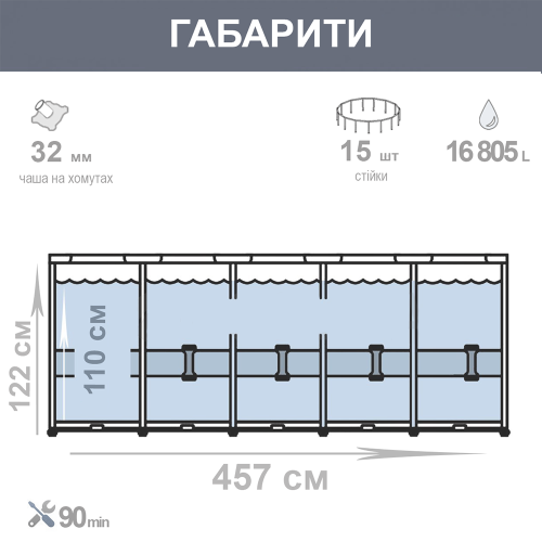 Каркасний басейн Intex 28242 (122*457 см., об'ем: 16805 л., картриджний фільтр-насос 3785 л/год, драбина, тент, підстилка, серія: Metal Frame) фото 8