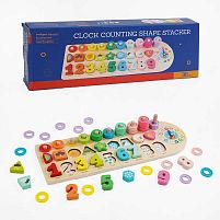 Логічна дерев’яна дошка C 65800 сортер, цифри англійською, годинник з рухливою стрілкою, кілочки з кільцями, явища природи, в коробці