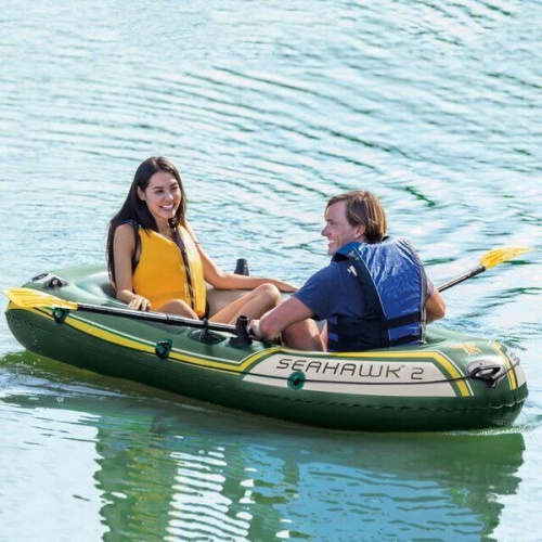 Човен надувний Intex 68347 «Seahawk 2 Set» (37*114*236 см, гребний, двомісний, трикамерний, весла ↔122 см, насос, надувне дно, до 240 кг)
