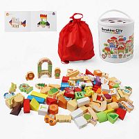 Конструктор дерев’яний C 74149 фігурки людей, тваринок, транспорту, літери англійського алфавіту, назви установ англійською, мішечок, у відрі