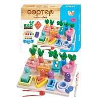 Логічна дерев’яна дошка 61714 "WToys", геометричний сортер, магнітна риболовля, щипці, гра з морквами, в коробці