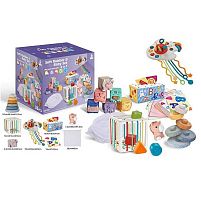 Набір для розвитку 1296 , 34 елементи, кубики, брязкальця, прорізувачі, фігурка, пірамідка, серветки, мішечок, куб із формами, в коробці