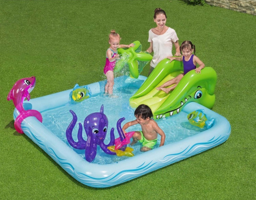 Дитячий надувний ігровий центр Bestway 53052 «Акваріум» (Водна гірка з басейном та іграшками, 86*206*239 см.)