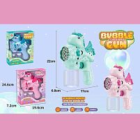 Пістолет з мильними бульбашками 504 2 кольори, “Єдиноріг”, автоматичний принцип, 2 пляшки з мильним розчином, на батарейках, підсвічування, в кор