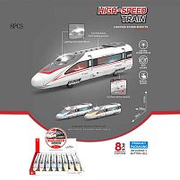 Набір потягів 731-24 D ЦІНА ЗА 8 ШТУК В БЛОЦІ, розмір - 28х4.8х5.7 см, інерція, звуки, підсвічування, дверцята вагона відчиняються, в коробці