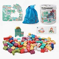 Конструктор дерев’яний C 74158 пазли, фігурки людей, транспорту, літери англійського алфавіту, цифри, назви установ англійською, мішечок, у відрі