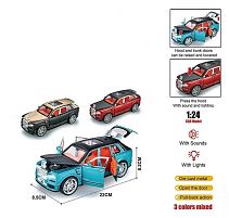 Машинка MS 6283-5 3 кольори, металопластик, масштаб 1:24, інерція, звуки, підсвічування, на батарейках, дверцята, багажник та капот відчиняються,