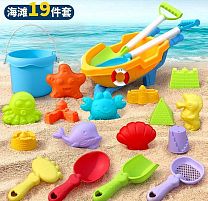 Пісочний набір W 218-45 розмір тачки - 27х13х11 см, висота відра - 9 см, граблі, сито, 4 лопатки, 11 формочок, в сітці