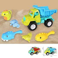 Пісочний набір KZ 6437 2 кольори, розмір самоскида - 27х14.5х18 см, лопатка, граблі, лійка, 2 формочки, в сітці