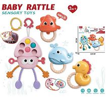 Набір брязкалець KLQ 529 A “Морські мешканці”, 4 штуки, брязкаючі елементи, гумові прорізувачі, тріскачка, мотузочка, кнопочки, в пакеті