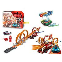 Трек 660 A 98 металопластикова машинка, фігурка героя, наліпки, запускач, перешкоди для трюків, в коробці