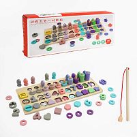 Логічна дерев’яна дошка C 65782 магнітна риболовля, кілочки з кільцями, сортер, цифри, геометричні фігури, в коробці