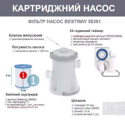 Надувний басейн Bestway 57458 (66*305 см., об'єм: 3200 л., картриджний фільтр-насос 1249 л/год., серія: Fast Set) фото 4